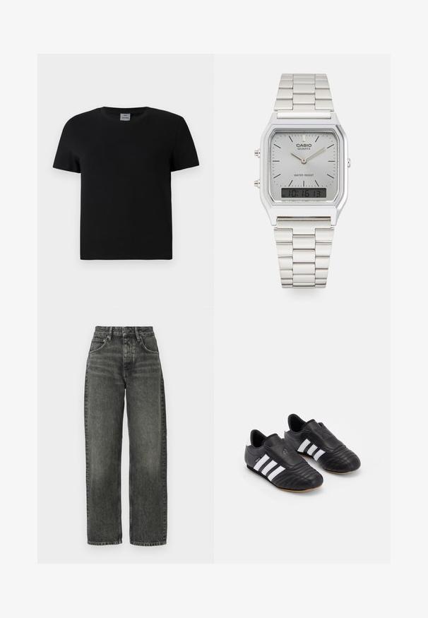 Musta puuvillapaita, jossa on pyöreä kaula-aukko ja lyhyet hihat. Yksinkertainen muotoilu, ei kuvioita tai yksityiskohtia, suora leikkaus vyötäröllä.; Won Hundred ALEXANDRA - Relaxed fit -farkut - tinted black; Mustat jalkapallokengät, joissa on tekstuurilla varustettu nahkapäällinen, pehmustettu etuosa, kolme valkoista raitaa sivuilla ja kuminen ulkopohja.; Hopeakotoinen Casio kvartsikello, jossa on suorakaiteen muotoinen kellotaulu, analoogiset ja digitaaliset näytöt, ruostumattomasta teräksestä valmistettu ranneke sekä vedenkestävyysominaisuudet.