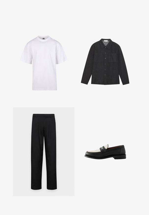 Bela bombažna majica s krojem na vratu, kratkimi rokavi in ohlapnim fitom. Ima enostaven dizajn brez vzorcev ali dodatkov.; Temno siva srajca iz teksturirane tkanine, z usklikanim ovratnikom, gumbom na sprednji strani in dvema žepoma na prsih. Dolgi rokavi z gumbi na manšetah.; Črne hlače iz gladkega materiala, s krojem ravne noge, dvema sprednjima pregiboma in standardnim pasom z zankami za pas.; Next REGULAR FIT - Čevlji brez vezalk - black and white