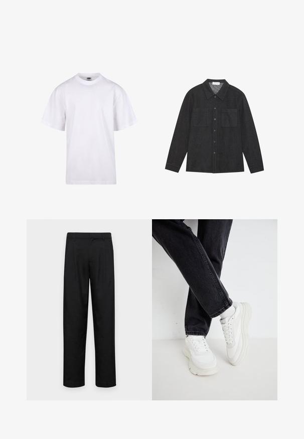 Hvit bomulls t-skjorte med rund hals, korte ermer og avslappet passform. Har et ensfarget design uten mønstre eller detaljer.; Mørk grå skjorte laget av teksturert stoff, med spiss krage, knappelukking foran og to brystlommer. Lange ermer med knappede mansjetter.; Sorte bukser laget av glatt stoff, med rette ben, to frontfoldninger og standard liv med beltehemper.; Hvite sneakers med en kraftig såle, teksturert overdel og flere snørehull, sammen med svarte denimjeans, vises mot en nøytral bakgrunn.