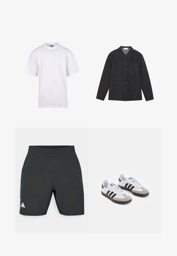 Balts kokvilnas T-krekls ar apaļu kakla izgriezumu, īsām piedurknēm un brīvu piegriezumu. Tam ir vienkāršs dizains bez rakstiem vai akcentiem.; Tumši pelēks krekls, kas izgatavots no struktūrētas auduma, ar norādītu apkakli, pogu priekšpusi un divām krūšu kabatām. Garas piedurknes ar pogām.; Melni sporta šorti ar teksturētu rakstu, elastīgu jostasvietu un sānu kabatām. Ar baltu logo kreisajā apakšējā pusē.; Sporta apavi ar balto ādas virsu, pelēku zamšādas purngalu un trim melnām svītrām. Iezīmē zilu logotipu uz mēles un teksturētu gumijas zoli.
