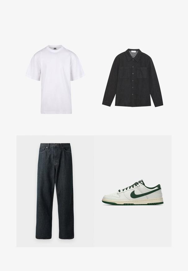 Hvit bomulls t-skjorte med rund hals, korte ermer og avslappet passform. Har et ensfarget design uten mønstre eller detaljer.; Mørk grå skjorte laget av teksturert stoff, med spiss krage, knappelukking foran og to brystlommer. Lange ermer med knappede mansjetter.; Mørke denim jeans med rett ben design, med en tradisjonell fem-lommers layout og en metallknapplukking i livet.; Hvit lav sneaker med mørkegrønn Nike swoosh, snøring og såleakkenter, vist i profil mot en enkel hvit bakgrunn.