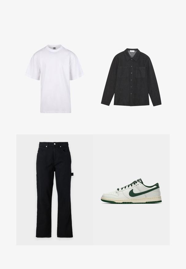 Bela bombažna majica s krojem na vratu, kratkimi rokavi in ohlapnim fitom. Ima enostaven dizajn brez vzorcev ali dodatkov.; Temno siva srajca iz teksturirane tkanine, z usklikanim ovratnikom, gumbom na sprednji strani in dvema žepoma na prsih. Dolgi rokavi z gumbi na manšetah.; Črne denim hlače s ravnim krojem, sprednjimi žepe in zadnjimi nalepkami. Imajo srebrne dodatke in detajl z zankami na straneh za funkcionalnost.; Beli nizki športni copat z temno zelenim Nike žigom, vezalnimi trakovi in akcenti na podplatu, prikazan v profilu na praznem belem ozadju.