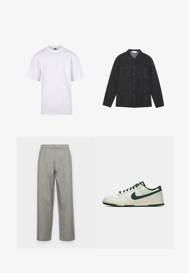 Hvid bomulds T-shirt med rund halsudskæring, korte ærmer og en afslappet pasform. Har et enkelt design uden mønstre eller dekorationer.; Mørkegrå skjorte lavet af tekstureret stof, med en spidse krave, knaplukning fortil og to brystlommer. Lange ærmer med knapmanchetter.; Grå skræddersyede bukser lavet af struktureret stof, med lige ben-design, frontfolder og en standard talje med bæltesløjfer.; Hvide lavtop sneakers med mørkegrøn Nike swoosh, snørebånd og sål accenter, vist i profil på en ensfarvet hvid baggrund.