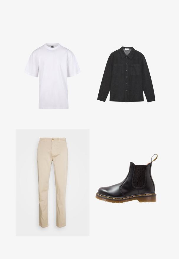Hvid bomulds T-shirt med rund halsudskæring, korte ærmer og en afslappet pasform. Har et enkelt design uden mønstre eller dekorationer.; Mørkegrå skjorte lavet af tekstureret stof, med en spidse krave, knaplukning fortil og to brystlommer. Lange ærmer med knapmanchetter.; Beige bomulds chinos med lige ben design, der har knaplukning og en subtil tekstur. Ingen synlige mønstre eller accenter.; Sort læder Chelsea støvle med elastiske sidepaneler, gul syning og en struktureret gummisål. Har en træksløjfe for nem påtagning.
