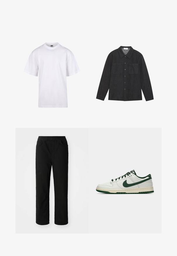 Biela bavlnená tričko s okrúhlym výstrihom, krátkymi rukávmi a voľným strihom. Má jednoduchý dizajn bez vzorov alebo akcentov.; Tmavo šedá košeľa z texturovanej tkaniny, ktorá má špicatý golier, zapínanie na gombíky a dve náprsné vrecká. Dlhé rukávy s gombíkovými manžetami.; Čierne bavlnené nohavice s uvoľneným strihom, elastickým pásom, dvomi prednými vreckami a rovnými nohavicami. Hladká textúra bez viditeľných vzorov.; Biele nízke tenisky s tmavozeleným Nike swooshom, šnúrkami a akcentmi na podrážke, zobrazené v profile na jednoduchom bielom pozadí.