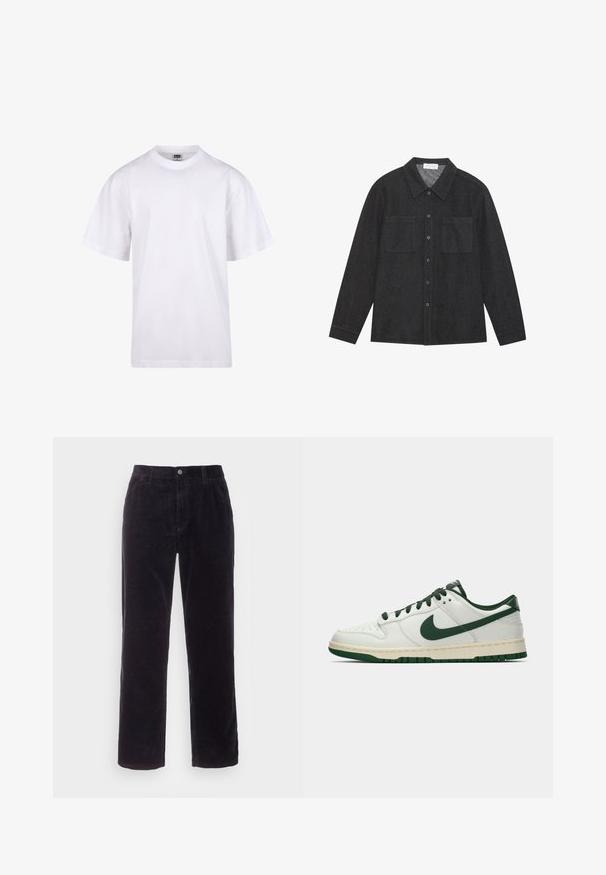 T-shirt en coton blanc avec un col rond, des manches courtes et une coupe décontractée. Présente un design uni sans motifs ni accents.; Chemise gris foncé en tissu texturé, avec un col pointu, une fermeture à boutons sur le devant et deux poches poitrine. Manches longues avec poignets à boutons.; Carhartt WIP SINGLE KNEE PANT - Pantalon classique - dark navy rinsed; Baskets basses blanches avec un swoosh Nike vert foncé, des lacets et des accents de semelle, présentées en profil sur un fond blanc uni.