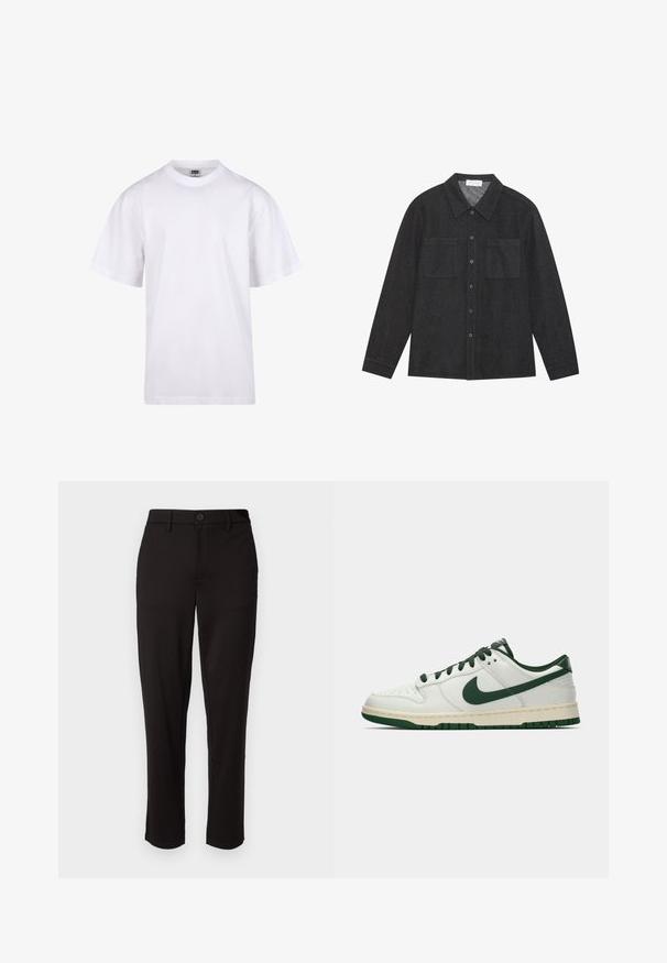 Valkoinen puuvillapaita, jossa on pyöreä kaula-aukko, lyhyet hihat ja rento leikkaus. Ominaisuuksina yksinkertainen muotoilu ilman kuvioita tai yksityiskohtia.; Tummanharmaa paita, joka on valmistettu rakenteellisesta kankaasta. Paidassa on terävä kaulus, napitettu etuosio ja kaksi rintataskua. Pitkät hihat napitettavilla hihoilla.; Mustat housut, jotka on valmistettu kevyestä kankaasta, suorat lahkeet, edessä nappikiinnitys, vyölenkit ja sivutaskut.; Valkoiset matalat tennarit, joissa tummanvihreä Nike-swoosh, nauhat ja pohjan korostukset, esitettynä profiilista yksinkertaisella valkoisella taustalla.