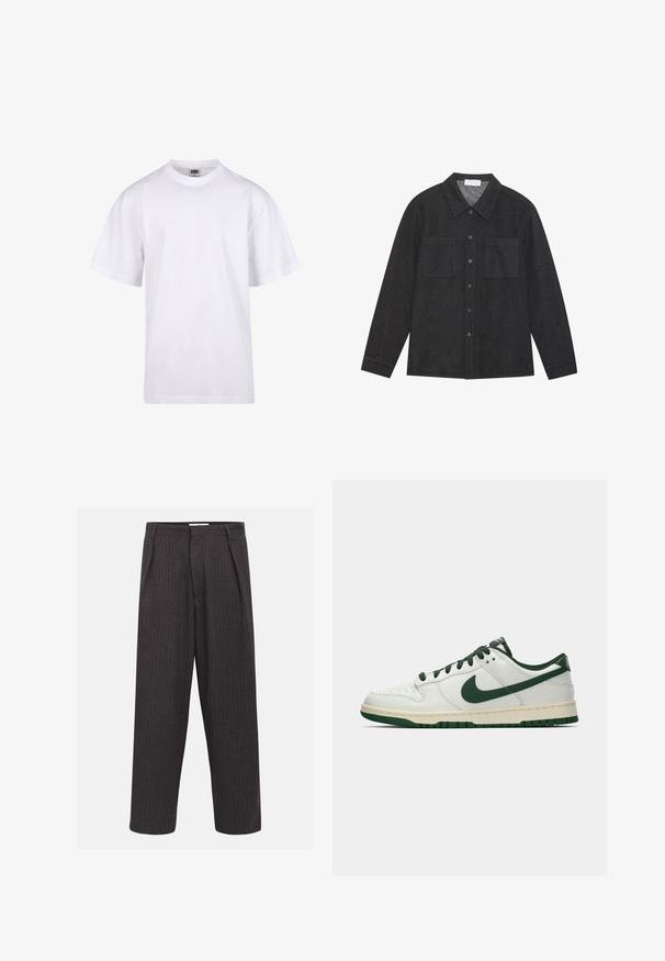 White cotton t-shirt with a crew neckline, short sleeves, and a relaxed fit. Features plain design without patterns or accents.; Dark gray shirt made of textured fabric, featuring a pointed collar, button front, and two chest pockets. Long sleeves with buttoned cuffs.; Dark gray pinstriped trousers with a loose fit, front pleats, and a smooth texture, featuring a standard waistband and no visible hardware.; White low-top sneaker with dark green Nike swoosh, laces, and sole accents, shown in profile on a plain white background.