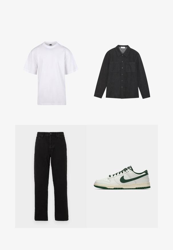 Hvid bomulds T-shirt med rund halsudskæring, korte ærmer og en afslappet pasform. Har et enkelt design uden mønstre eller dekorationer.; Mørkegrå skjorte lavet af tekstureret stof, med en spidse krave, knaplukning fortil og to brystlommer. Lange ærmer med knapmanchetter.; Sorte denim jeans med lige ben design, der har knaplukning, bæltestropper og klassisk fem-lomme stil.; Hvide lavtop sneakers med mørkegrøn Nike swoosh, snørebånd og sål accenter, vist i profil på en ensfarvet hvid baggrund.