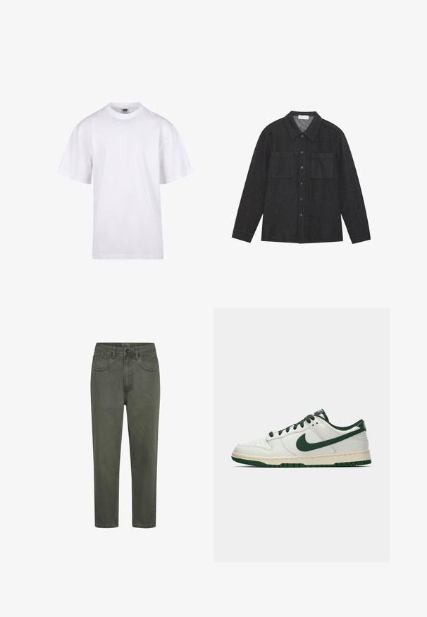 T-shirt en coton blanc avec un col rond, des manches courtes et une coupe décontractée. Présente un design uni sans motifs ni accents.; Chemise gris foncé en tissu texturé, avec un col pointu, une fermeture à boutons sur le devant et deux poches poitrine. Manches longues avec poignets à boutons.; Chinos en coton vert avec une silhouette droite, dotés de passants de ceinture, de poches avant et d'une fermeture à bouton. Texture lisse avec des coutures minimales.; Baskets basses blanches avec un swoosh Nike vert foncé, des lacets et des accents de semelle, présentées en profil sur un fond blanc uni.