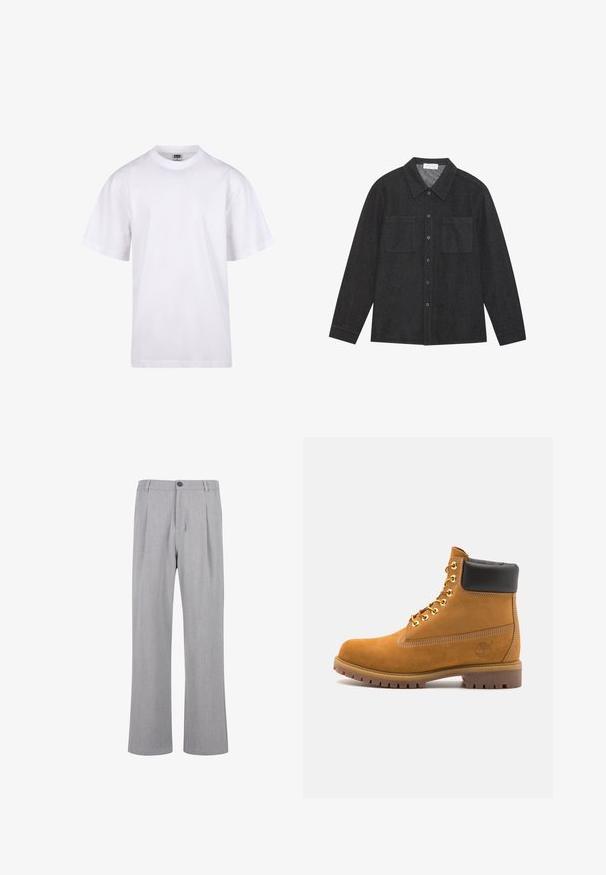 Valkoinen puuvillapaita, jossa on pyöreä kaula-aukko, lyhyet hihat ja rento leikkaus. Ominaisuuksina yksinkertainen muotoilu ilman kuvioita tai yksityiskohtia.; Tummanharmaa paita, joka on valmistettu rakenteellisesta kankaasta. Paidassa on terävä kaulus, napitettu etuosio ja kaksi rintataskua. Pitkät hihat napitettavilla hihoilla.; Harmaat laskostetut housut, jotka on valmistettu kevyestä kankaasta. Housuissa on nappikiinnitys, leveät lahkeet ja sileä tekstuuri, jossa on hienovarainen kuvio.; Valkoinen nahkainen nilkkuri mustalla pehmustetulla kauluksella, kultaisilla metallisilla rei'illä, valkoisella ompeluksella ja jykevällä kumipohjalla, jossa on selvästi näkyvät urat.