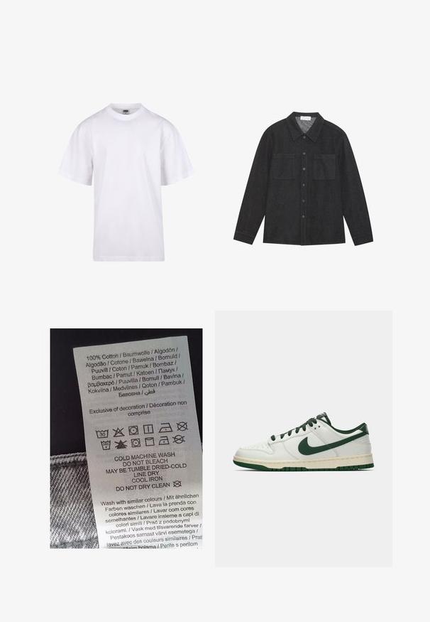 Valkoinen puuvillapaita, jossa on pyöreä kaula-aukko, lyhyet hihat ja rento leikkaus. Ominaisuuksina yksinkertainen muotoilu ilman kuvioita tai yksityiskohtia.; Tummanharmaa paita, joka on valmistettu rakenteellisesta kankaasta. Paidassa on terävä kaulus, napitettu etuosio ja kaksi rintataskua. Pitkät hihat napitettavilla hihoilla.; Valkoinen hoito-opas, jossa musta teksti, joka luettelee hoito-ohjeita useilla kielillä. Sisältää symbolit pesemiseen, kuivaamiseen ja silittämiseen. 100 % puuvillaa.; Valkoiset matalat tennarit, joissa tummanvihreä Nike-swoosh, nauhat ja pohjan korostukset, esitettynä profiilista yksinkertaisella valkoisella taustalla.