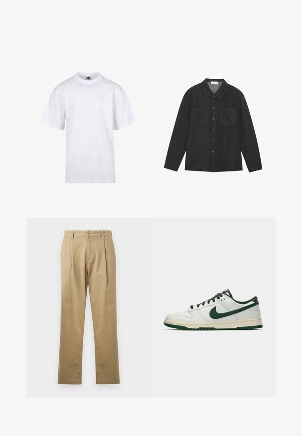 Witte katoenen t-shirt met een ronde hals, korte mouwen en een relaxte pasvorm. Heeft een eenvoudig ontwerp zonder patronen of accenten.; Donkergrijze shirt van gestructureerde stof, met een puntige kraag, knoopsluiting aan de voorkant en twee borstzakken. Lange mouwen met knoopmanchetten.; Beige chinos met een rechte pijp, geplooide voorkant en knoopsluiting. Gladde textuur en standaard ontwerp van de tailleband.; Witte lage sneakers met een donkergroene Nike swoosh, veters en accentkleuren op de zool, weergegeven in profiel op een effen witte achtergrond.