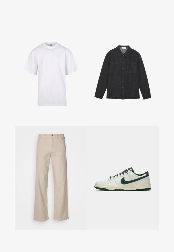 T-shirt en coton blanc avec un col rond, des manches courtes et une coupe décontractée. Présente un design uni sans motifs ni accents.; Chemise gris foncé en tissu texturé, avec un col pointu, une fermeture à boutons sur le devant et deux poches poitrine. Manches longues avec poignets à boutons.; Pantalons larges en coton beige avec cinq poches, une fermeture à bouton et des passants de ceinture ; texture lisse avec une coupe droite et un ourlet.; Baskets basses blanches avec un swoosh Nike vert foncé, des lacets et des accents de semelle, présentées en profil sur un fond blanc uni.
