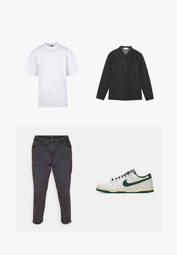 Balta medvilnės marškinėliai su apvaliu iškirpimu, trumpomis rankovėmis ir laisvu siluetu. Turi paprastą dizainą be raštų ar akcentų.; Tamsiai pilka marškiniai, pagaminti iš tekstūruoto audinio, su smailiu apykakle, mygtukų uždarymu ir dviem krūtinės kišenėmis. Ilgos rankovės su mygtuku užsegamais manžetais.; Juodi džinsai su tiesiu kirpimu, su mygtukų užsegimu, šoniniais kišenėmis ir šiek tiek nusidėvėjusiu efektu, suteikiančiu klasiką išvaizdą.; Balti žemi sportbačiai su tamsiai žaliu Nike swoosh, raišteliais ir padu, rodomi šoniniame profilyje ant baltos fono.