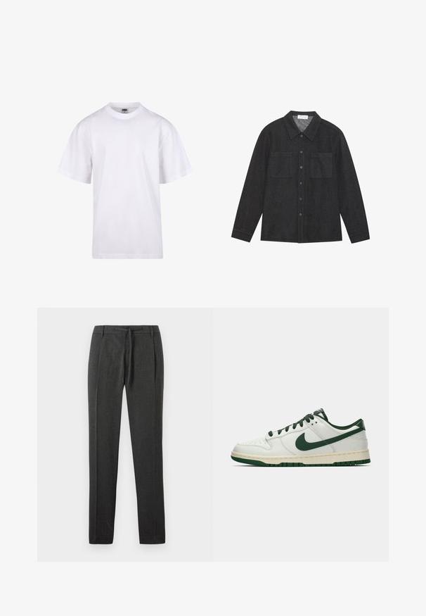Hvit bomulls t-skjorte med rund hals, korte ermer og avslappet passform. Har et ensfarget design uten mønstre eller detaljer.; Mørk grå skjorte laget av teksturert stoff, med spiss krage, knappelukking foran og to brystlommer. Lange ermer med knappede mansjetter.; Mørkegrå bukser med teksturert stoff, rett ben-design, frontfalter og strikk i midjen. Ingen synlige lommer eller detaljer.; Hvit lav sneaker med mørkegrønn Nike swoosh, snøring og såleakkenter, vist i profil mot en enkel hvit bakgrunn.