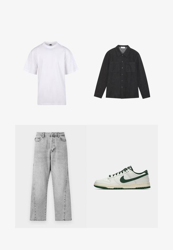 Valge puuvillane t-särk ümmarguse kaeluse, lühikeste varrukate ja lõdva lõikega. Omab lihtsat disaini ilma mustrite või aktsendita.; Tumehall särk, mis on valmistatud tekstuurilisest kangast, millel on terav krae, nööpide eesmine osa ja kaks rinna taskut. Pikailevusega varrukad, millel on nööpidega mansetid.; Hallideg denim laiad püksid kõrge vöökohaga, klassikalise viie tasku disainiga ja nähtavate õmbluse detailidega.; Valge madalate tossudega, millel on tumeroheline Nike Swoosh, paelad ja tallakatted, esitatud külgmises vaates ühtlasel valgel taustal.