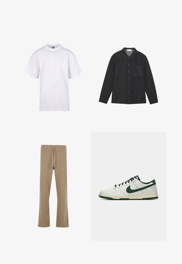 Balts kokvilnas T-krekls ar apaļu kakla izgriezumu, īsām piedurknēm un brīvu piegriezumu. Tam ir vienkāršs dizains bez rakstiem vai akcentiem.; Tumši pelēks krekls, kas izgatavots no struktūrētas auduma, ar norādītu apkakli, pogu priekšpusi un divām krūšu kabatām. Garas piedurknes ar pogām.; Beidzītes teksturētas bikses ar elastīgu jostu, ar aukliņu, un brīvu piegriezumu, kurām ir smalka ģeometrija raksts.; Balti zemāko tenisa apavu ar tumši zaļu Nike swoosh, auklām un zoles akcentiem, parādīti profila skatījumā uz vienkrāsaina baltā fona.