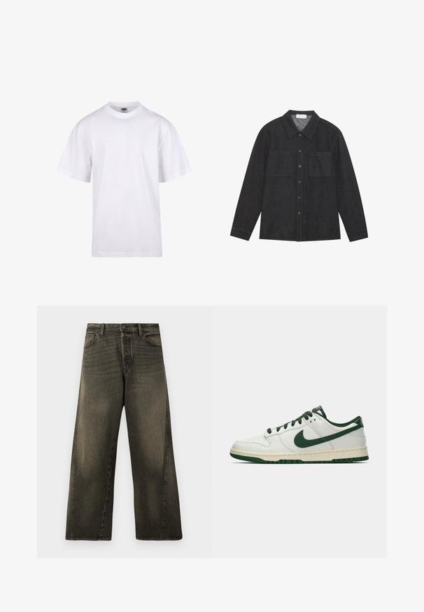 Biała bawełniana koszulka z okrągłym dekoltem, krótkimi rękawami i luźnym krojem. Posiada prosty design bez wzorów czy akcentów.; Ciemnoszara koszula z teksturowanej tkaniny, z kołnierzykiem w szpic, zapięciem na guziki i dwiema kieszeniami na piersi. Długie rękawy z guzikiem na mankietach.; Jeansy czarne o wysokim stanie i szerokich nogawkach, z zamkiem błyskawicznym oraz guzikami z przodu, a także standardowymi kieszeniami przednimi.; Białe sneakersy niskie z ciemnozielonym logo Nike, sznurowadłami i akcentami na podeszwie, pokazane z profilu na jednolitym białym tle.