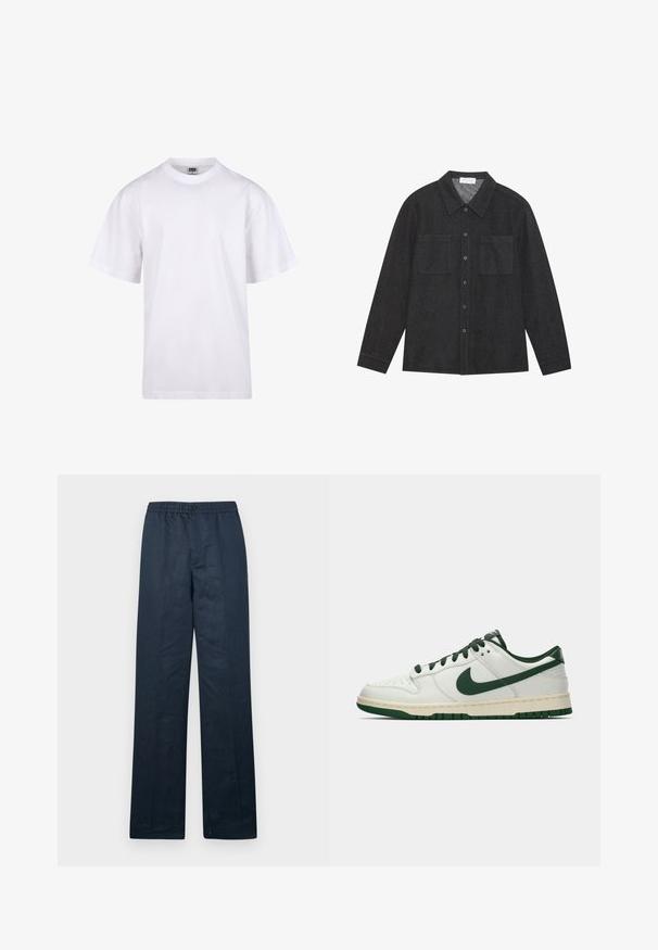 Tricou alb din bumbac, cu guler rotund, mâneci scurte și croială lejeră. Dispune de un design simplu, fără modele sau accente.; Cămașă gri închis, dintr-un material texturat, cu guler ascuțit, închidere cu nasturi și două buzunare pe piept. Mâneci lungi cu mansete închise cu nasturi.; Pantaloni din in bleu marin cu o croială lejeră, talie elastică și închidere cu un singur nasture. Prezintă picioare drepte și o textură minimă.; Adidași albi cu vârf jos, având swoosh-ul Nike în verde închis, șireturile și accentele tălpii, prezentați în profil pe un fundal alb simplu.