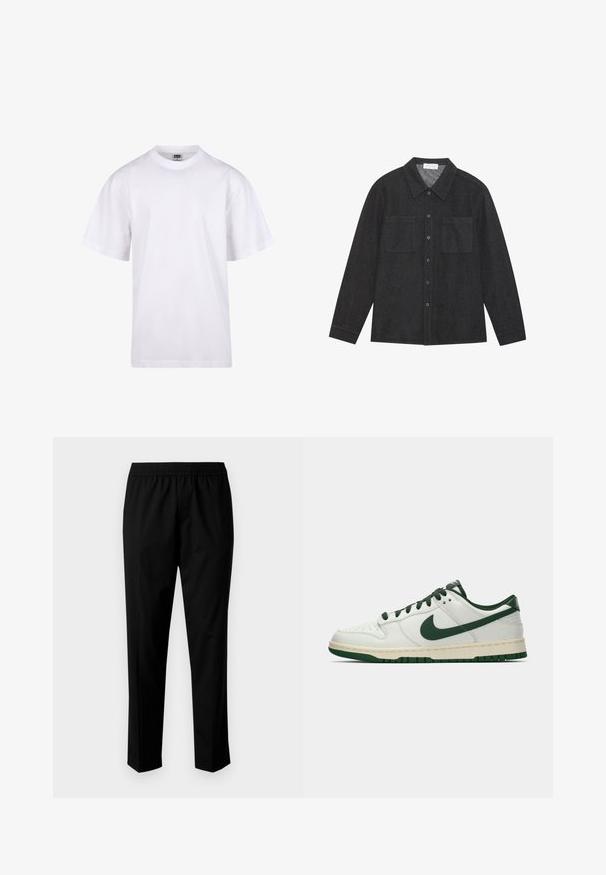 Biała bawełniana koszulka z okrągłym dekoltem, krótkimi rękawami i luźnym krojem. Posiada prosty design bez wzorów czy akcentów.; Ciemnoszara koszula z teksturowanej tkaniny, z kołnierzykiem w szpic, zapięciem na guziki i dwiema kieszeniami na piersi. Długie rękawy z guzikiem na mankietach.; Czarne spodnie z elastycznym paskiem, o prostym kroju nogawki. Materiał wydaje się gładki o matowej teksturze, bez widocznych wzorów.; Białe sneakersy niskie z ciemnozielonym logo Nike, sznurowadłami i akcentami na podeszwie, pokazane z profilu na jednolitym białym tle.