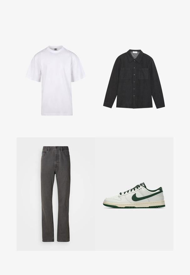 Camiseta blanca de algodón con cuello redondo, mangas cortas y un corte relajado. Presenta un diseño liso sin patrones ni detalles.; Camisa gris oscuro hecha de tejido texturizado, con cuello tipo punta, cierre de botones al frente y dos bolsillos en el pecho. Mangas largas con puños abotonados.; Vaqueros de mezclilla gris con un diseño de pierna recta, que cuentan con bolsillos frontales, un cierre de botón y una textura sutil.; Zapatilla de deporte blanca de caña baja con el swoosh de Nike en verde oscuro, lazadas y acentos en la suela, mostrada de perfil sobre un fondo blanco liso.
