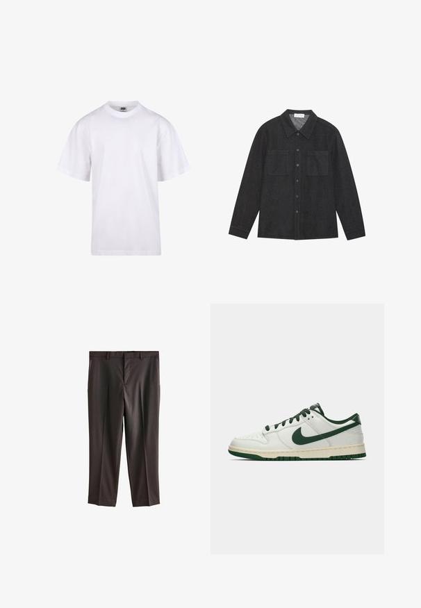 Witte katoenen t-shirt met een ronde hals, korte mouwen en een relaxte pasvorm. Heeft een eenvoudig ontwerp zonder patronen of accenten.; Donkergrijze shirt van gestructureerde stof, met een puntige kraag, knoopsluiting aan de voorkant en twee borstzakken. Lange mouwen met knoopmanchetten.; Donkerbruine dresspants met een platte voorkant, twee zijzakken, een getailleerde pasvorm en een gladde stoftextuur. Standaard tailleband met riemlussen.; Witte lage sneakers met een donkergroene Nike swoosh, veters en accentkleuren op de zool, weergegeven in profiel op een effen witte achtergrond.