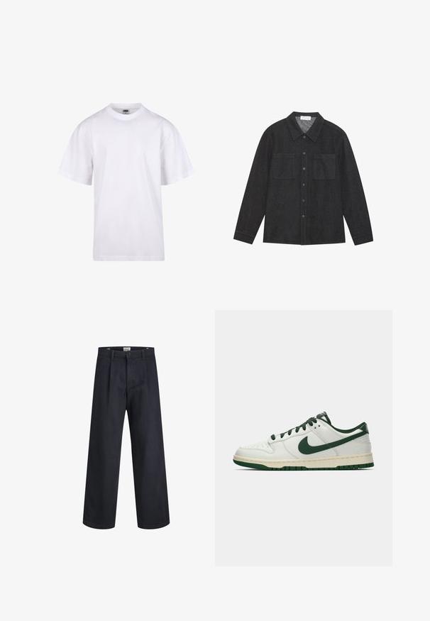 Weißes Baumwoll-T-Shirt mit Rundhalsausschnitt, kurzen Ärmeln und lockerer Passform. Hat ein schlichtes Design ohne Muster oder Akzente.; Dunkelgraues Hemd aus strukturierter Stoff, mit spitzem Kragen, Knopfleiste und zwei Brusttaschen. Lange Ärmel mit knöpfbaren Manschetten.; Dunkelblaue weite Hosen aus gewebtem Stoff, mit einem Knopfverschluss und gefaltetem Vorderteil. Glatte Textur, keine sichtbaren Muster.; Weiße Low-Top-Sneaker mit dunkelgrüner Nike-Swoosh, Schnürsenkeln und Akzenten an der Sohle, im Profil auf einem schlichten weißen Hintergrund abgebildet.