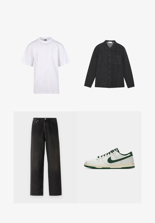 T-shirt en coton blanc avec un col rond, des manches courtes et une coupe décontractée. Présente un design uni sans motifs ni accents.; Chemise gris foncé en tissu texturé, avec un col pointu, une fermeture à boutons sur le devant et deux poches poitrine. Manches longues avec poignets à boutons.; Jean en denim noir avec un design à jambe droite, featuring un style à cinq poches, bouton en laiton et des variations de texture subtiles sur le tissu.; Baskets basses blanches avec un swoosh Nike vert foncé, des lacets et des accents de semelle, présentées en profil sur un fond blanc uni.
