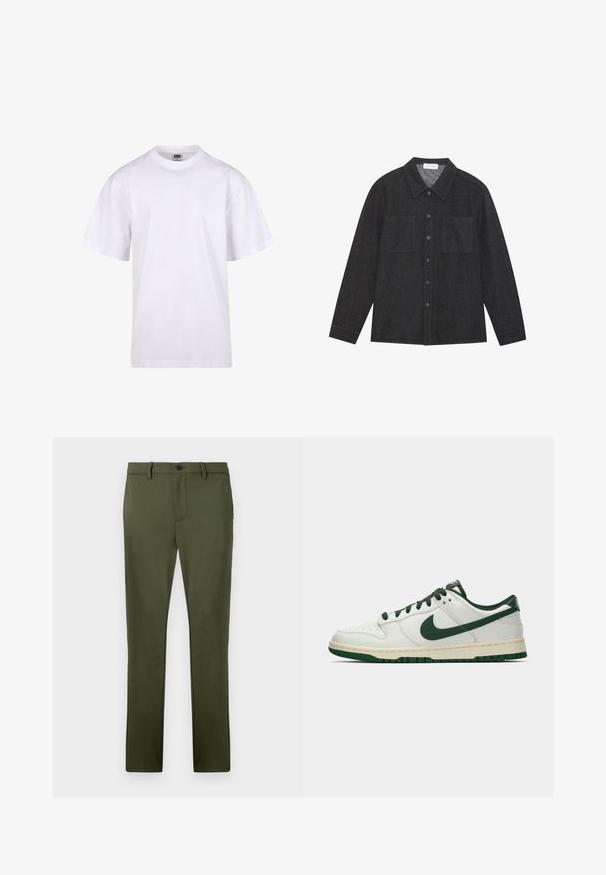 Hvid bomulds T-shirt med rund halsudskæring, korte ærmer og en afslappet pasform. Har et enkelt design uden mønstre eller dekorationer.; Mørkegrå skjorte lavet af tekstureret stof, med en spidse krave, knaplukning fortil og to brystlommer. Lange ærmer med knapmanchetter.; Olivengrønne bukser lavet af et glat stof, med en lige pasform, frontlommer og en enkelt knaplukning. Minimalistiske designdetaljer.; Hvide lavtop sneakers med mørkegrøn Nike swoosh, snørebånd og sål accenter, vist i profil på en ensfarvet hvid baggrund.