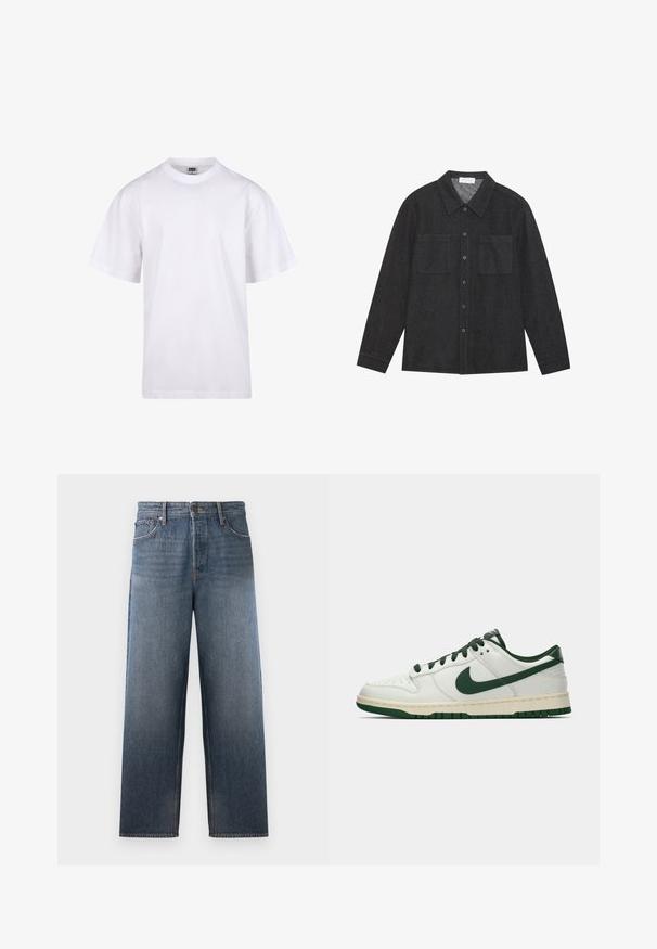 Fehér pamut póló kerek nyakkivágással, rövid ujjal és laza szabással. Egyszerű dizájnnal rendelkezik, minták vagy díszek nélkül.; Sötétszürke, texturált anyagból készült ing, hegyes gallérral, gombos elejével és két mellzsebbel. Hosszú ujjak, gombos mandzsettával.; Középkék farmernadrág egyenes szabásban, öt zsebbel, gombos és cipzáras záródással, valamint enyhe kopási hatásokkal.; Fehér, alacsony szárú sneaker sötétzöld Nike swoosh-zsal, fűzőkkel és talp kiemelésekkel, profilból bemutatva egy sima fehér háttér előtt.