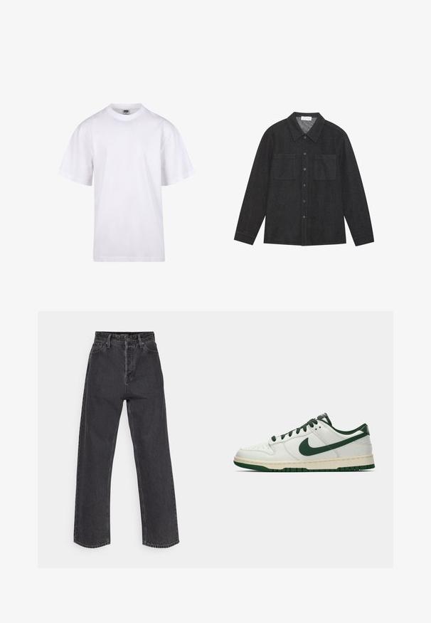 T-shirt en coton blanc avec un col rond, des manches courtes et une coupe décontractée. Présente un design uni sans motifs ni accents.; Chemise gris foncé en tissu texturé, avec un col pointu, une fermeture à boutons sur le devant et deux poches poitrine. Manches longues avec poignets à boutons.; Jeans taille haute, jambe droite en denim gris foncé, avec un design classique à cinq poches et des coutures contrastantes sur les seams.; Baskets basses blanches avec un swoosh Nike vert foncé, des lacets et des accents de semelle, présentées en profil sur un fond blanc uni.