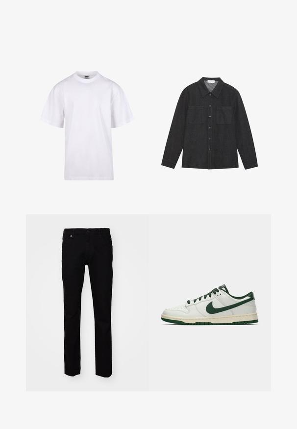 T-shirt bianca in cotone con scollatura a girocollo, maniche corte e vestibilità rilassata. Presenta un design semplice senza motivi o accenti.; Camicia grigio scuro realizzata in tessuto testurizzato, con colletto a punta, chiusura con bottoni e due tasche sul petto. Maniche lunghe con polsini abbottonati.; Jeans in denim nero con una vestibilità slim. Le caratteristiche includono una chiusura frontale con bottone, passanti per cintura e un design tradizionale a cinque tasche. Texture liscia.; Sneaker bianco a bassa cima con swoosh Nike verde scuro, lacci e dettagli della suola, mostrato di profilo su uno sfondo bianco uniforme.