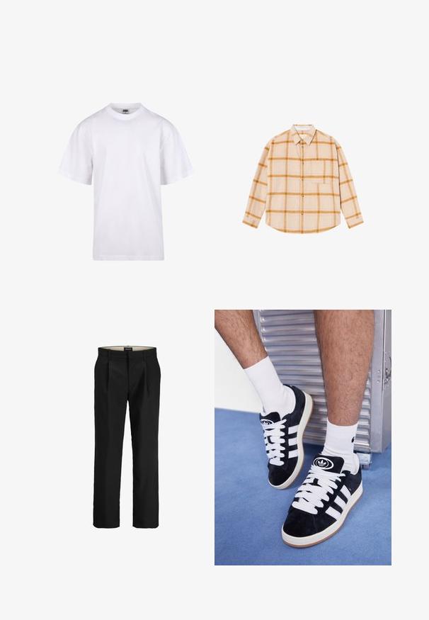 Hvid bomulds T-shirt med rund halsudskæring, korte ærmer og en afslappet pasform. Har et enkelt design uden mønstre eller dekorationer.; Langærmet plaidskjorte i beige med gule og brune tern, knappesystem, enkelt brystlomme, lavet af et tekstureret stof.; Sorte skræddersyede bukser med flad front, to sidelommer, en glat tekstur og lige ben. Har bæltesløjfer for ekstra stil.; Sorte ruskinds sneakers med hvide snørebånd og tre hvide striber. Har et rundt sort logo på tungen og en gummigummisål.