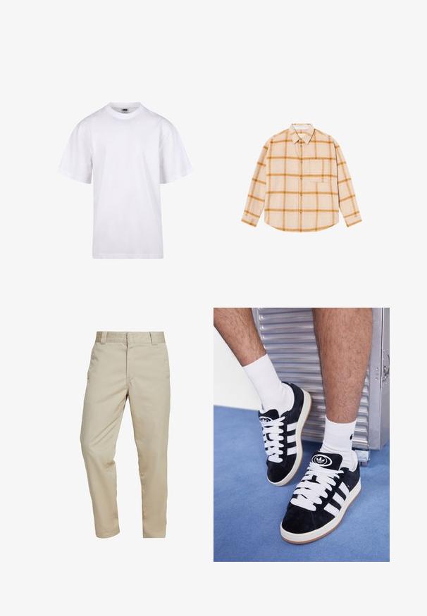 Weißes Baumwoll-T-Shirt mit Rundhalsausschnitt, kurzen Ärmeln und lockerer Passform. Hat ein schlichtes Design ohne Muster oder Akzente.; Langärmliges karierter Hemd in Beige mit gelben und braunen Karos, Knopfdesign, eine Brusttasche, aus einem strukturierten Stoff gefertigt.; Carhartt WIP MASTER PANT - Stoffhose - wall rinsed; Schwarze Wildledersneaker mit weißen Schnürsenkeln und drei weißen Streifen. Verfügt über ein kreisförmiges schwarzes Logo auf der Zunge und eine Gummisohle.