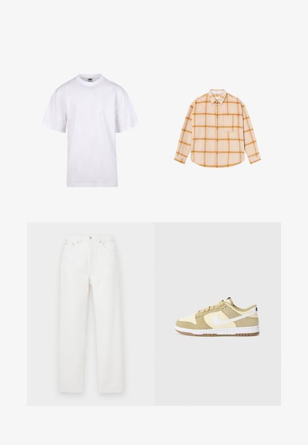 Weißes Baumwoll-T-Shirt mit Rundhalsausschnitt, kurzen Ärmeln und lockerer Passform. Hat ein schlichtes Design ohne Muster oder Akzente.; Langärmliges karierter Hemd in Beige mit gelben und braunen Karos, Knopfdesign, eine Brusttasche, aus einem strukturierten Stoff gefertigt.; Weiße Jeans mit lockerer Passform, ausgestattet mit einem Fünf-Taschen-Design, einer vorderen Knopfverschluss und geraden Beinen. Glatte Textur, keine sichtbaren Muster.; Nike Sneakers in einer Mischung aus hellgelbem und beigem Wildleder, weißen Akzenten und einer Gummisohle, mit einem Low-Top-Design und schnürbarem Vorderteil.