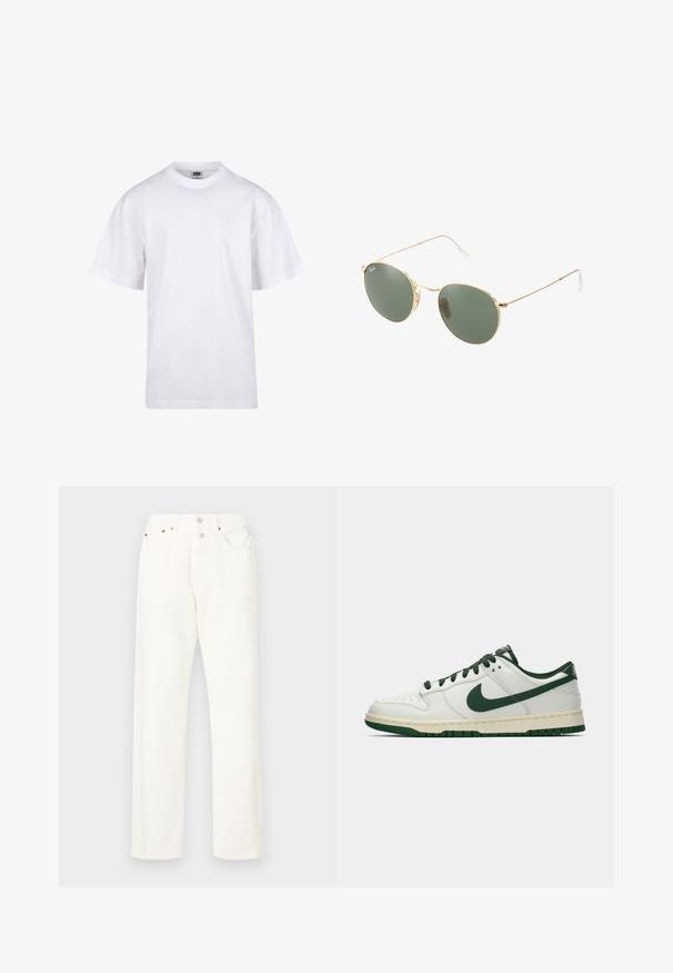 Camiseta blanca de algodón con cuello redondo, mangas cortas y un corte relajado. Presenta un diseño liso sin patrones ni detalles.; Jeans de algodón blanco de pierna recta con cierre de botones. Cuenta con dos bolsillos frontales y sutiles acentos de costura en naranja. Textura suave y corte clásico.; Zapatilla de deporte blanca de caña baja con el swoosh de Nike en verde oscuro, lazadas y acentos en la suela, mostrada de perfil sobre un fondo blanco liso.; Gafas de sol con marco de metal dorado, lentes verdes, forma redonda, patillas delgadas y acentos de plástico blanco en las puntas de las varillas.