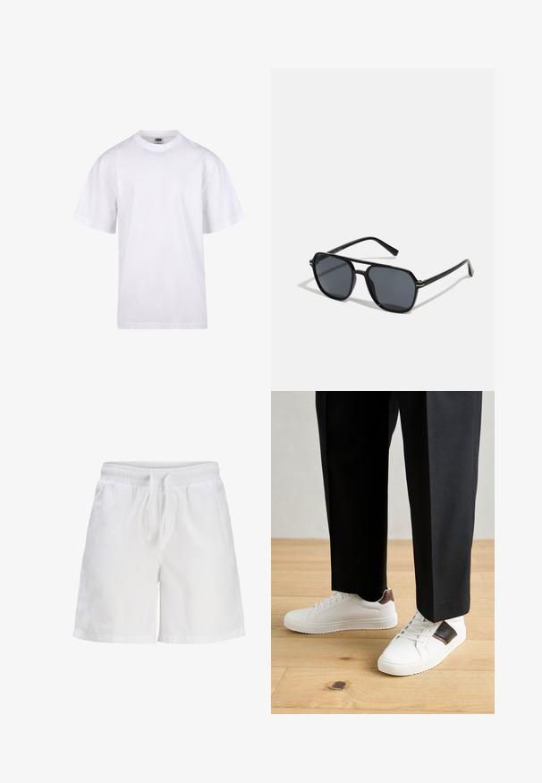 Valkoinen puuvillapaita, jossa on pyöreä kaula-aukko, lyhyet hihat ja rento leikkaus. Ominaisuuksina yksinkertainen muotoilu ilman kuvioita tai yksityiskohtia.; Valkoiset puuvillahousut, joissa on joustava vyötärö ja naru. Ominaisuuksiin kuuluu rento istuvuus ja sivusaumapocketit.; Valkoiset tennarit, joissa on sileä pinta, ruskealla nahka-akentilla ja mustilla yksityiskohdilla, yhdistetty mustiin räätälöityihin housuihin. Taustalla puulattia.; Musta aurinkolasit, joissa on oktaalinen kehys, tummat linssit, kiiltävä pinta, ohuet templesit ja kultaiset yksityiskohdat etupuolella.