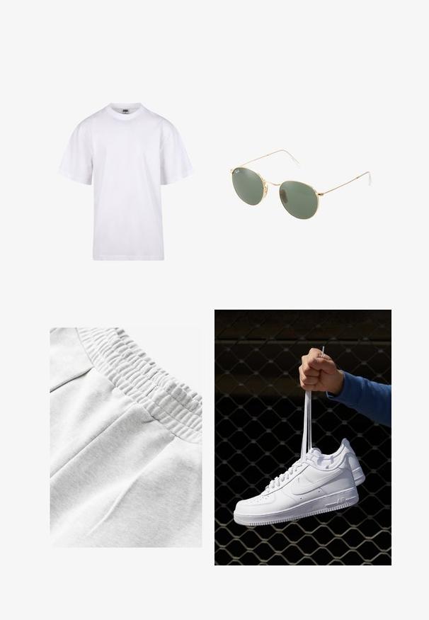 Tricou alb din bumbac, cu guler rotund, mâneci scurte și croială lejeră. Dispune de un design simplu, fără modele sau accente.; Pantaloni de trening gri din bumbac, cu talie elastică, având buzunare laterale și un material moale, texturat pentru confort.; Adidași albaștri din piele cu perforații, vârf rotund, talpă plată și șireturi groase, cu un logo swoosh vizibil și cu inscripția "AIR" pe toc.; Ochelari de soare cu ramă metalică aurie, cu lentile verzi, de formă rotundă, cu temple subțiri și accente din plastic alb la vârfurile brațelor.