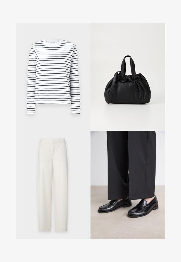 Long-sleeve shirt in white cotton with black horizontal stripes. Features a round neck and a relaxed fit. No notable accents or patterns.; Light beige trousers made of a smooth fabric, featuring a straight cut, flat front, belt loops, and side pockets.; Black leather loafers with a smooth finish, stitched detailing around the toe, and a low rubber sole. Paired with wide black trousers.; Black leather handbag with a gathered top design, featuring two short handles and a long adjustable strap. Smooth texture, rounded shape.