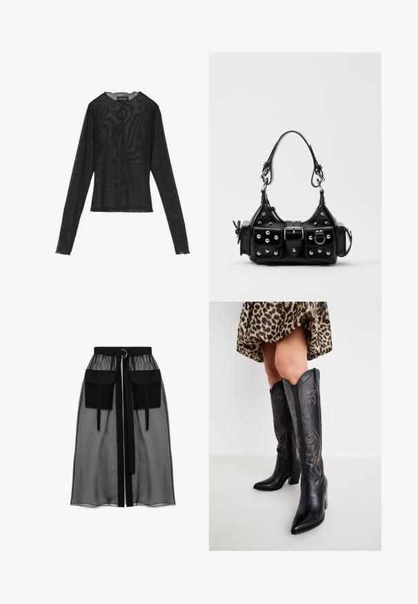 Črna dolga majica z dolgimi rokavi, izdelana iz prosojnega materiala, z okroglim izrezom, gumbnim zapiranjem spredaj in valovitimi robovi na manšetah.; Črna prozorna krila z nabranim pasom, ki ima dva velika sprednja žepa, pas za zavezovanje in okroglo kovinsko dekoracijo.; Noge obute v črne usnjene kavbojske čevlje do kolen z okrasnim šivom, v kombinaciji s kratko krilo z leopardjim vzorcem na beli podlagi.; Črna usnjena torbica s ukrivljenim dizajnom, ki vsebuje srebrne žebljičke, zaponko in dve stranski žepki. Nastavljiv trak za različne možnosti nošenja.