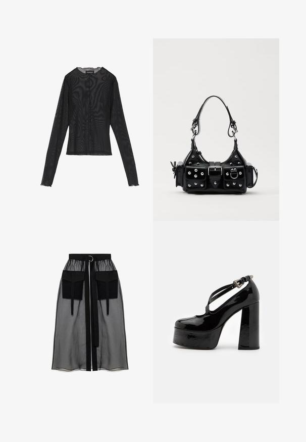 Top nero a maniche lunghe realizzato in tessuto trasparente, con scollatura rotonda, chiusura frontale con bottoni e bordi ondulati ai polsini.; Gonna nera trasparente con una vita arricciata, dotata di due ampie tasche frontali, un laccetto in vita e un ornamento metallico circolare.; The Kooples CHAUSSURES - Decolleté - black; Borsa a mano in pelle nera con design curvo, caratterizzata da borchie argentate, una fibbia e due tasche laterali. Tracolla regolabile per diverse opzioni di trasporto.