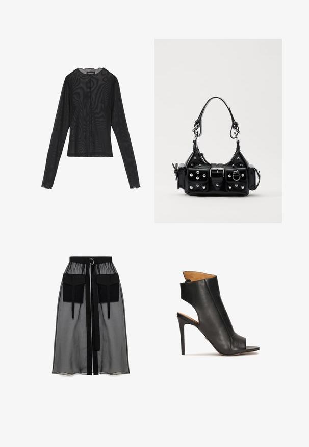 Fekete, hosszúujjú felső áttetsző anyagból, kerek nyakkivágással, elöl gombos záródással és hullámos szegéllyel a mandzsettákon.; Fekete áttetsző szoknya ráncolt derékrésszel, két nagy elülső zsebbel, derékpánttal és kör alakú fém díszítéssel.; Fekete bőr magassarkú szandál nyitott orral és kivágott dizájnnal. Stiletto sarokkal és kontúrozott bokarészsel rendelkezik.; Fekete bőr kézitáska ívelt designnal, ezüst szegecsekkel, csattal és két oldalsó zsebbel. Állítható vállpánt a hordozási lehetőségekhez.