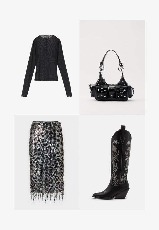 Bluză neagră cu mâneci lungi, realizată din țesătură transparentă, cu un gât rotund, închidere cu butoane pe față și margini de tip evazat la manșete.; Fustă neagră cu paiete, cu siluetă conică, decorată cu paiete circulare și detalii de franjuri decorative la tiv.; Bocanci de cowboy din piele neagră, cu vârfuri ascuțite, toc wedge și modele florale brodate cu fir argintiu de-a lungul tijei. Cusături în contrast pe întreaga suprafață.; Geantă de piele neagră cu un design curbat, dotată cu studuri argintii, o cataramă și două buzunare laterale. Curea ajustabilă pentru opțiuni de transport.