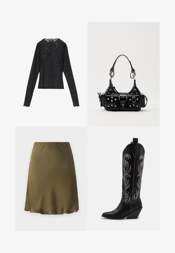 Čierny dlhý rukáv top vyrobený z priesvitného materiálu, s okrúhlym výstrihom, predným zapínaním na gombíky a vlnitými okrajmi na manžetách.; Svetlozelená saténová sukňa s elastickým pásom, rozšíreným strihom a bočným rozparkom. Hladká textúra a dĺžka po kolená.; Čierne kožené kovbojské čižmy s špicatými prstami, klinovými podpätkami a striebornými vyšívanými kvetinovými vzormi po celej dĺžke. Kontrastné šitie po celom povrchu.; Čierna kožená kabelka s zakriveným dizajnom, doplnená striebornými cvočkami, prackou a dvoma bočnými vreckami. Nastaviteľný popruh poskytuje rôzne možnosti nosenia.