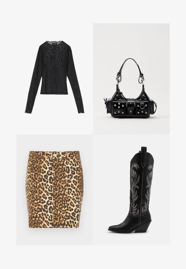 Czarna bluzka z długim rękawem, wykonana z przezroczystego materiału, z okrągłym dekoltem, zapięciem na guziki z przodu oraz falbAniastymi brzegami rękawów.; Spódnica mini z denimu w leopardzie wzory w odcieniach brązu i beżu, z zapięciem na guziki z przodu i dwiema bocznymi kieszeniami.; Czarne skórzane kowbojskie buty z wydłużonymi noskami, obcasem typu koturn oraz srebrnymi haftowanymi wzorami kwiatowymi wzdłuż cholewy. Kontrastowe szwy na całej długości.; Czarna skórzana torebka w zakrzywionym kształcie, z srebrnymi ćwiekami, klamrą i dwoma bocznymi kieszeniami. Regulowany pasek umożliwiający różne opcje noszenia.