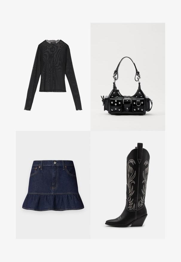 Top noir à manches longues en tissu transparent, avec un col rond, une fermeture à boutons sur le devant et des bords festonnés aux poignets.; Jupe en denim foncé avec ourlet volanté, design à cinq poches, passants de ceinture et fermeture à boutons à l'avant. Texture lisse et coupe droite.; Bottes de cowboy noires en cuir avec des pointes effilées, des talons compensés et des motifs floraux brodés en argent le long du tige. Couture contrastante sur l'ensemble.; Sac à main en cuir noir au design courbé, avec des clous en argent, une boucle et deux poches latérales. Bandoulière réglable pour différentes options de transport.