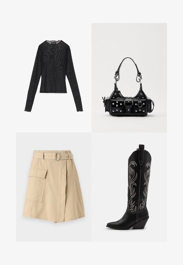 Black long-sleeve top made of sheer fabric, featuring a round neckline, front button closure, and scalloped edges at the cuffs.; Beige cotton skirt with a side pocket, belted waist featuring a silver ring, and a slight A-line shape. Smooth texture and simple design.; Black leather cowboy boots with pointed toes, wedge heels, and silver embroidered floral patterns along the shaft. Contrast stitching throughout.; Black leather handbag with a curved design, featuring silver studs, a buckle, and two side pockets. Adjustable strap for carrying options.