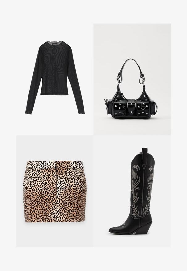 Top preto de manga longa feito de tecido transparente, apresentando um decote redondo, fecho de botões na frente e bordas em forma de onda nas mangas.; Saia de padrão de leopardo com forma ajustada, fundo bege e manchas negras. Apresenta um cós plano e um detalhe de pregas subtil na parte de trás.; Botas de cowboy em couro preto com bicos pontiagudos, saltos em cunha e padrões florais bordados em prata ao longo do cano. Costura de contraste por toda a parte.; Bolsa de couro preta com um design curvado, apresentando tachas prateadas, uma fivela e dois bolsos laterais. Alça ajustável para opções de transporte.