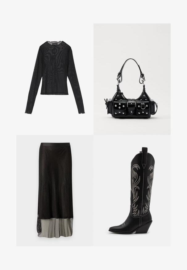 Černý dlouhý rukáv top vyrobený z průsvitné tkaniny, s kulatým výstřihem, předním zapínáním na knoflíky a zvlněnými okraji na manžetách.; Černá síťovaná midi sukně s přiléhavým pasem, otevřeným diamantovým vzorem a volánkovou podšívkou na spodní části pro větší pohyb a strukturu.; Černé kožené kovbojské boty s špičatými špičkami, podpatky ve tvaru klínu a stříbrně vyšívanými květinovými vzory po celé délce. Kontrastní prošívání po celém obvodu.; Černá kožená kabelka s křivkovým designem, zdobená stříbrnými hřebíky, s přezkou a dvěma bočními kapsami. Nastavitelný popruh pro různé možnosti nošení.